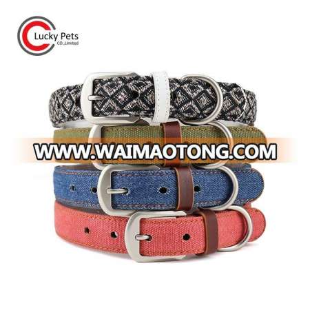 Luxury Vintage Genuine Leather Dog Collar with Washed Canvas